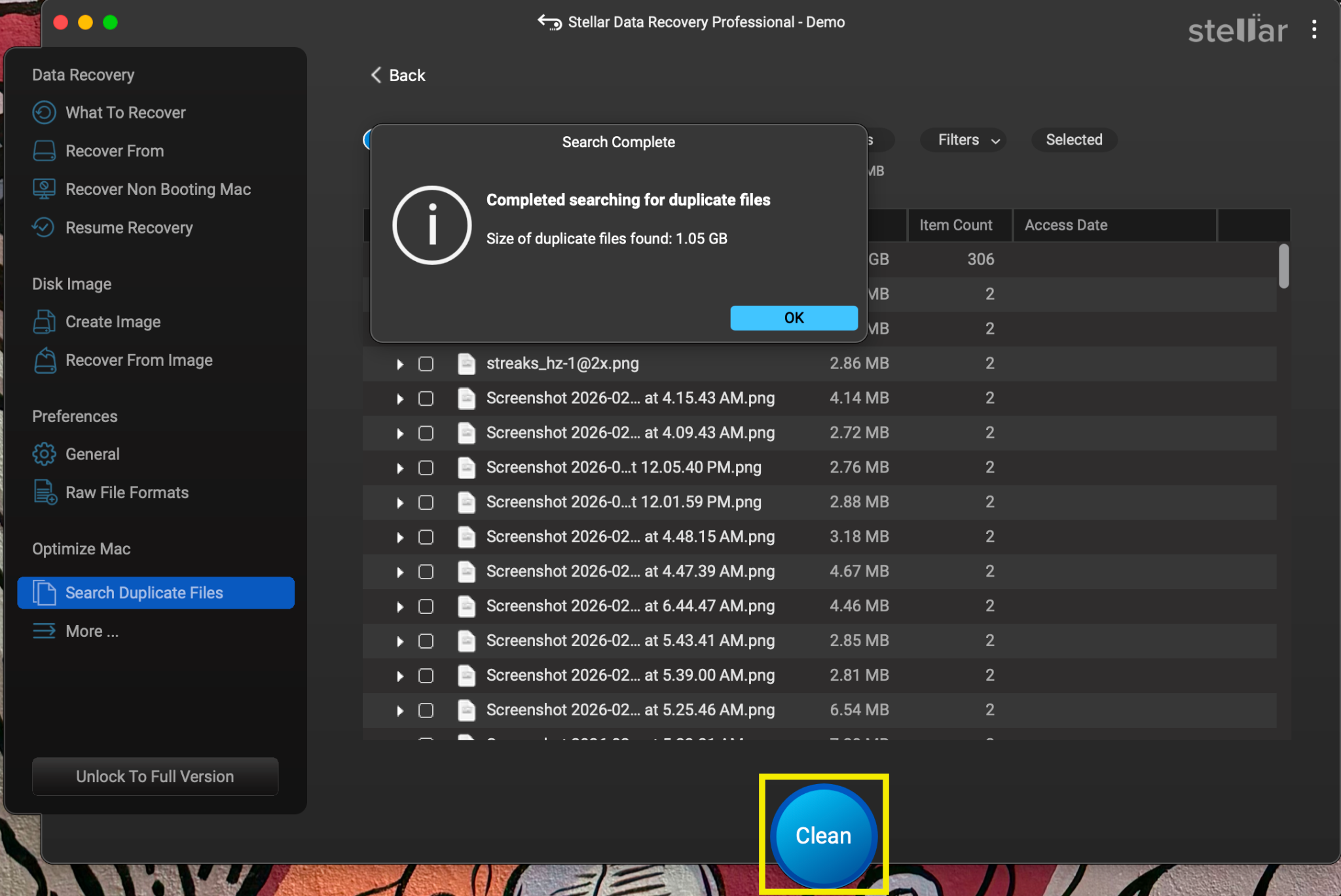click Clean to remove Duplicate files